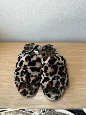 UGG Women's Leopard Faux Fur Slide Slippers in Brown and Black